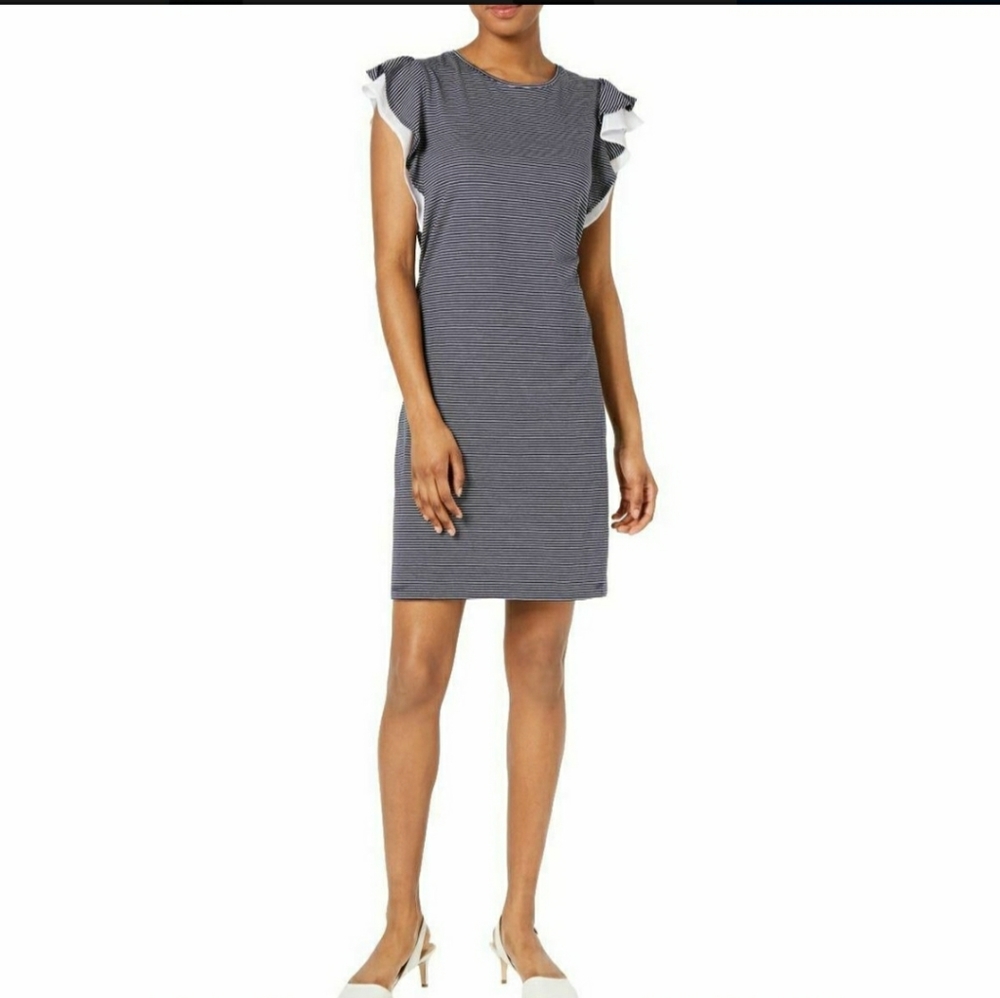 Maison Jules Ruffled Sleeve Striped Knit Dress M